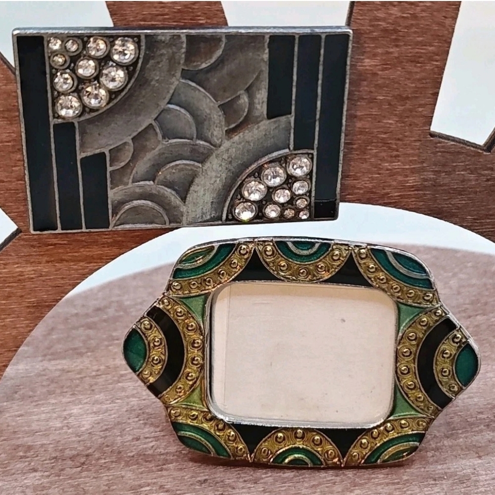 2 Art Deco Lapel Hat Scarf Pins Brooch Enamel Sq Frame Gray Rhinestones Vtg 80s
